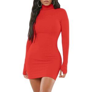 Women's Mock Neck Red Long Sleeve Bodycon Pencil Cocktail Mini Night Dresses
